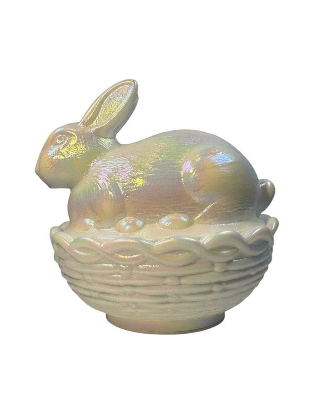 Iridescent Pearl White Carnival Glass Mosser Bunny Covered Dish Decorative Colle